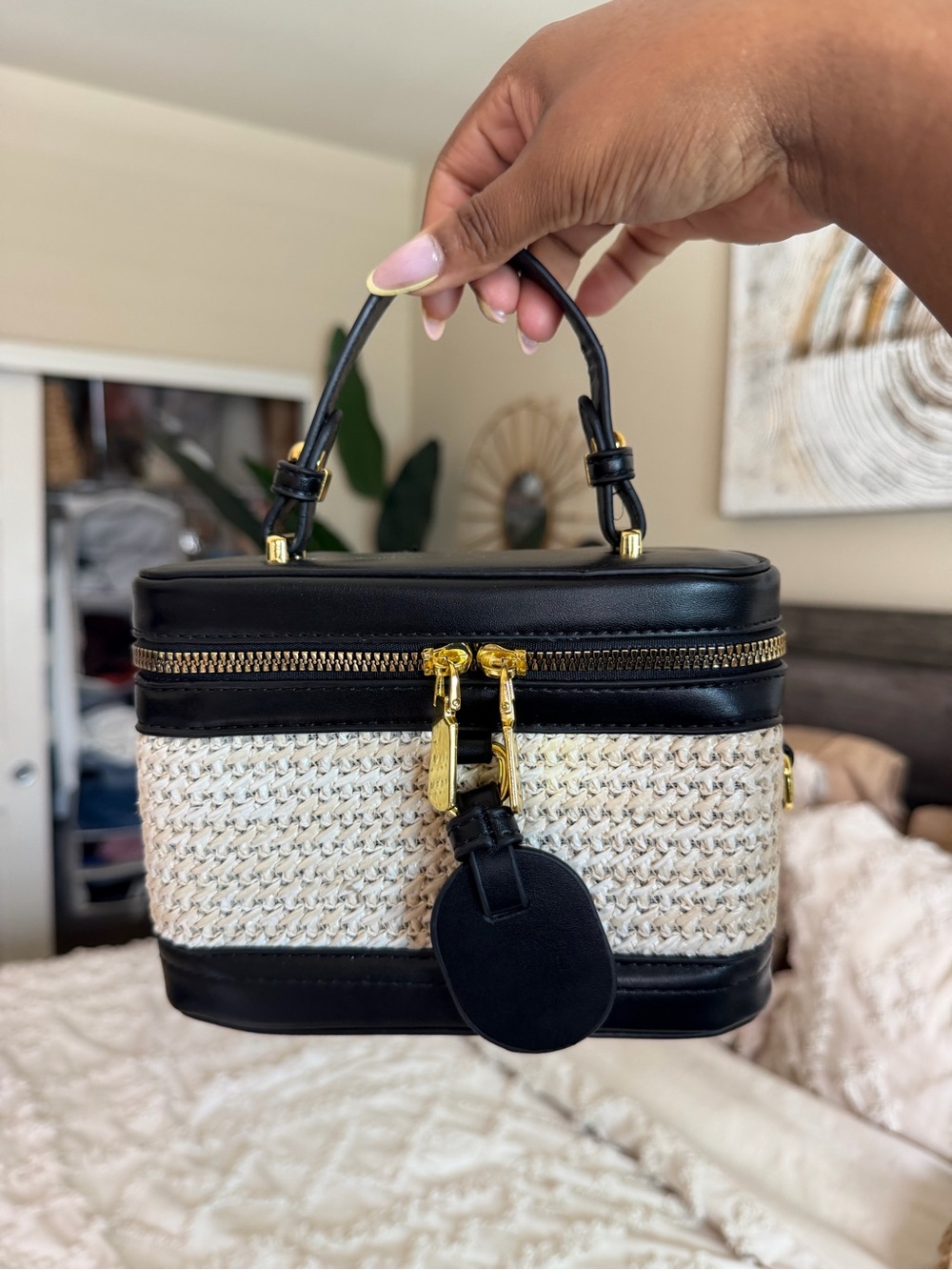 Black and Cream Woven Top-Handle Bag